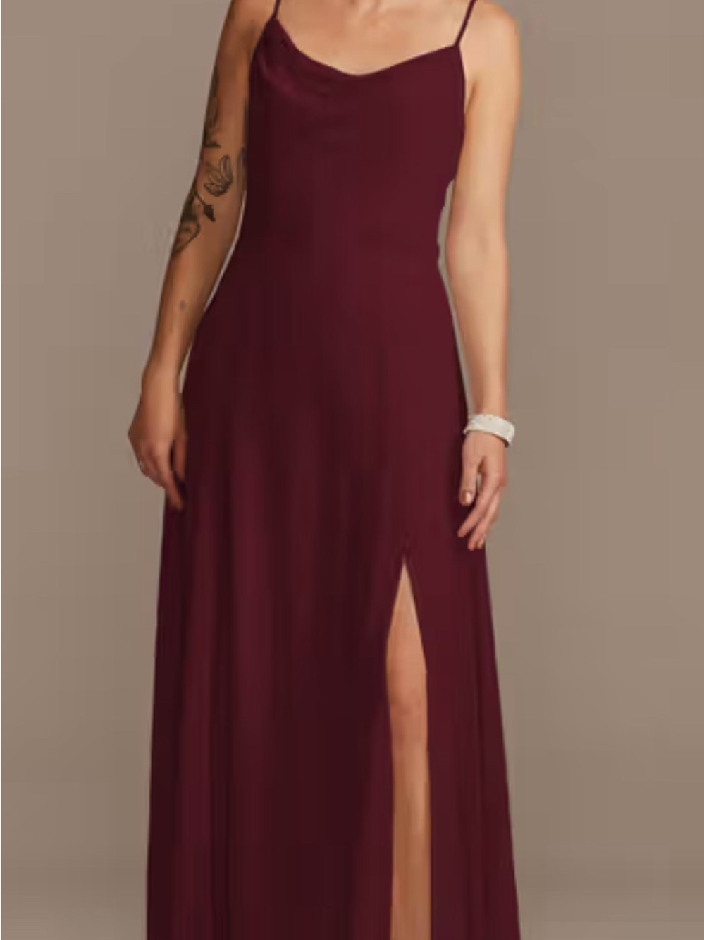 David’s Bridal Cowl Neck Chiffon Bridesmaid Dress with Slit